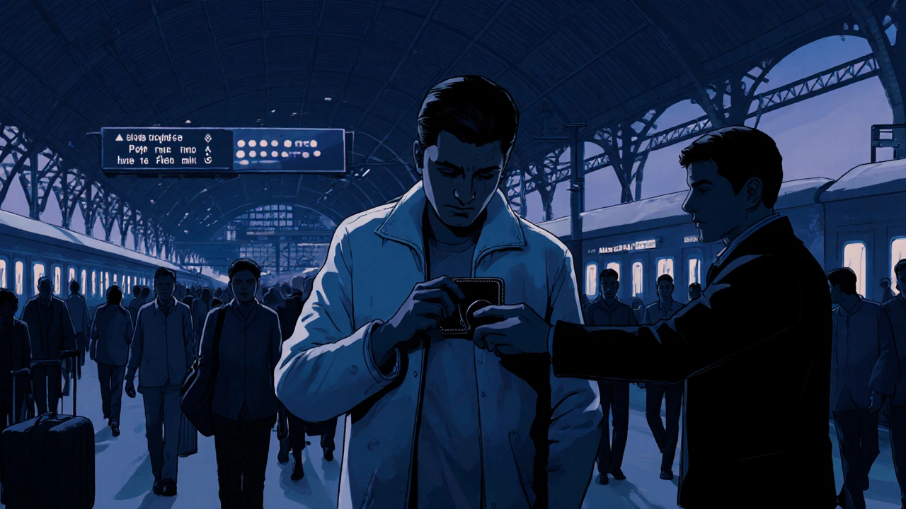 A pickpocket slips a wallet from a tourist’s pocket in a dim Mumbai train station.