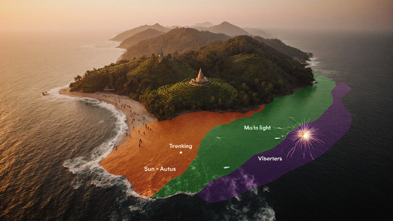 Aerial sunset of Bali showing color‑coded zones for best travel months.