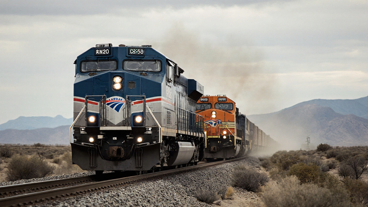 Amtrak train delayed on a freight rail line with a freight locomotive in the background under cloudy skies.