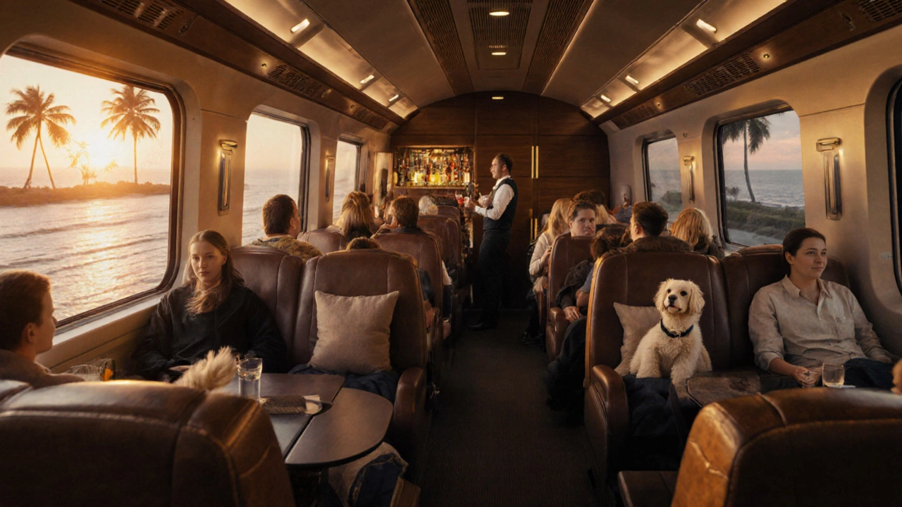 Brightline luxury train with passengers enjoying coastal views and cocktails at sunset.