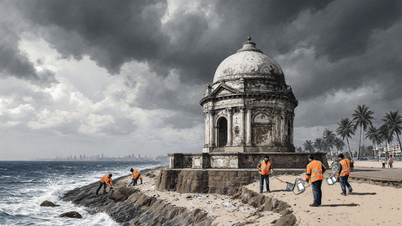 Chennai heritage pavilion being protected by volunteers under stormy sky.