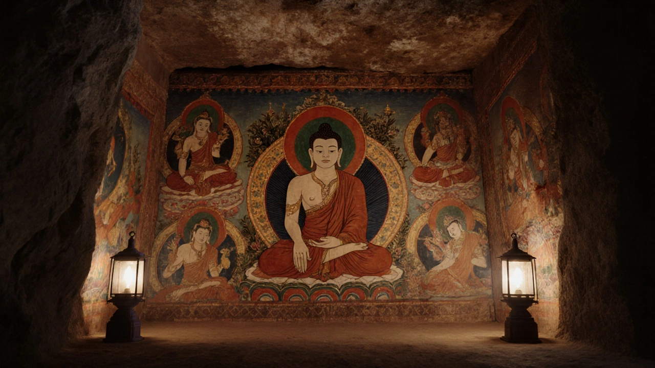 Close‑up of an Ajanta cave mural lit by warm lantern light, showing detailed Buddhist frescoes.
