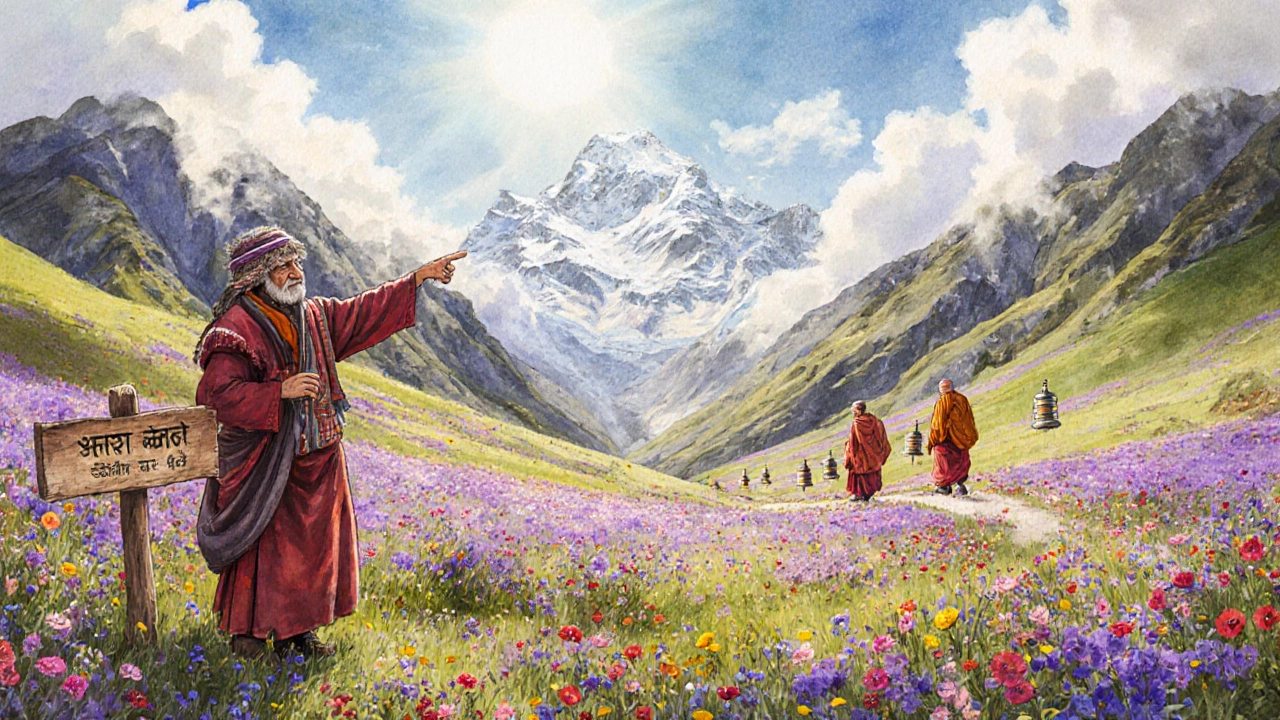 Colorful Valley of Flowers meadow with a local guide and distant snow mountains.