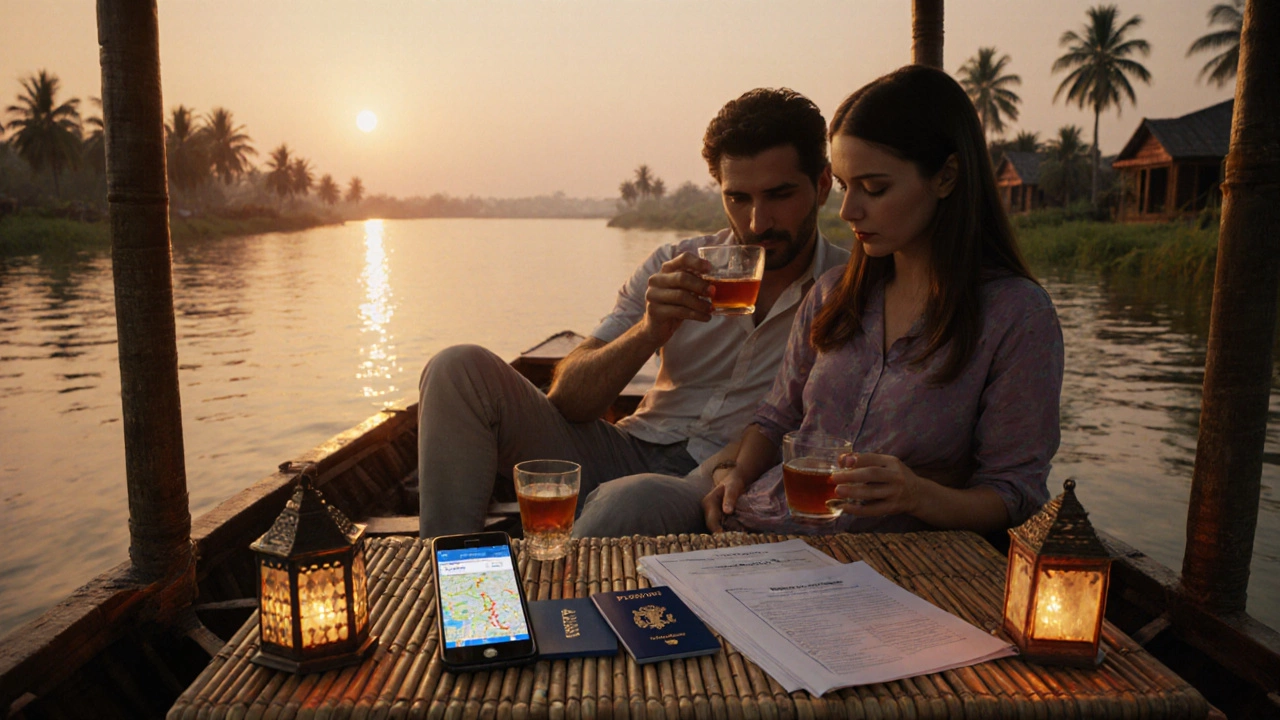 Couple on a Kerala houseboat at sunset reviewing travel documents on a bamboo table.