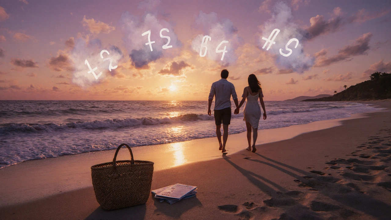 Couple strolling on a sunset beach, with subtle budget-themed elements in the scene.