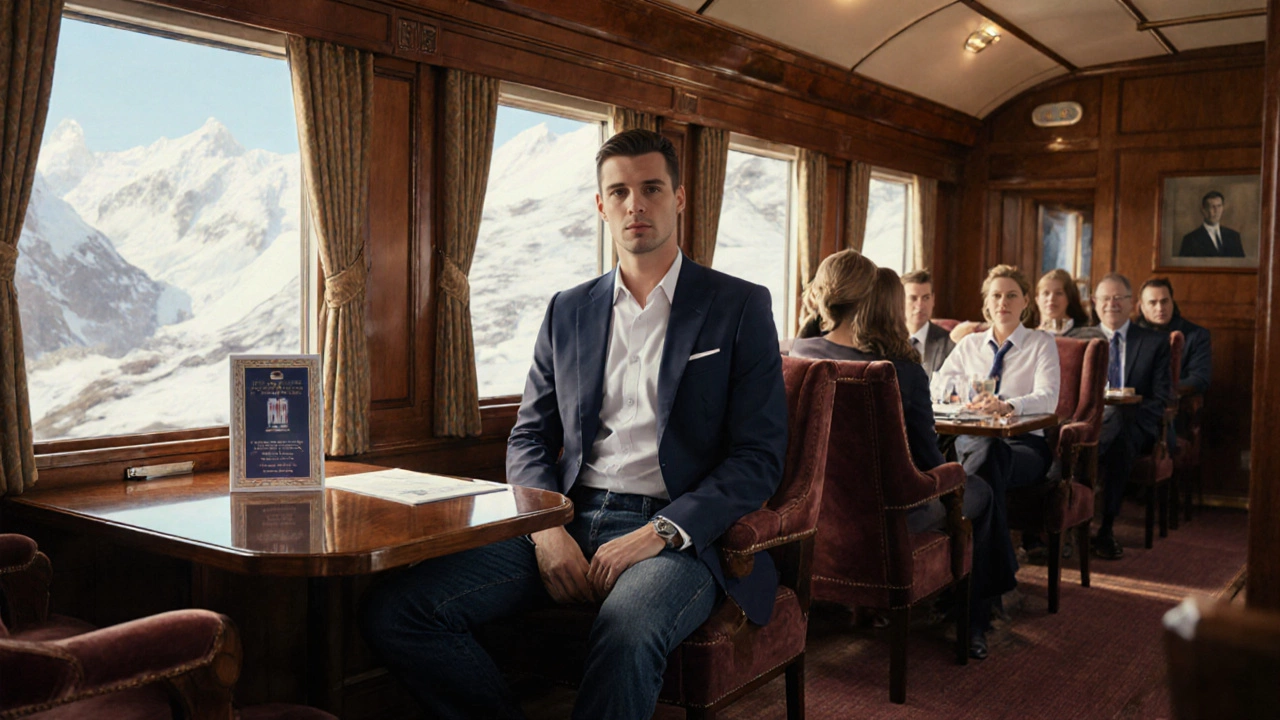 Daytime lounge car showing a passenger in dark denim and blazer beside business‑casual guests.