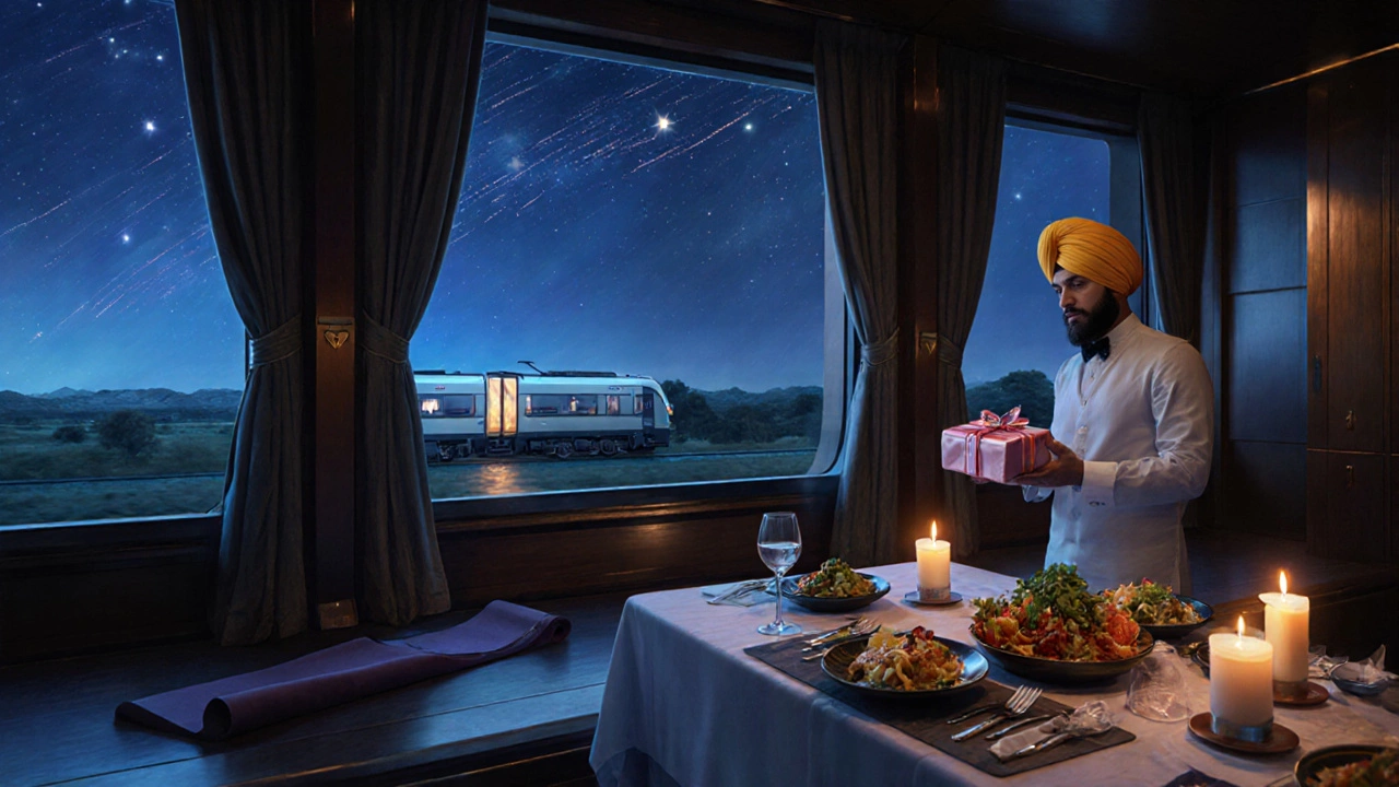 Digital painting of a luxurious train cabin at night with dinner table, yoga mat, concierge offering a gift, and stars outside.