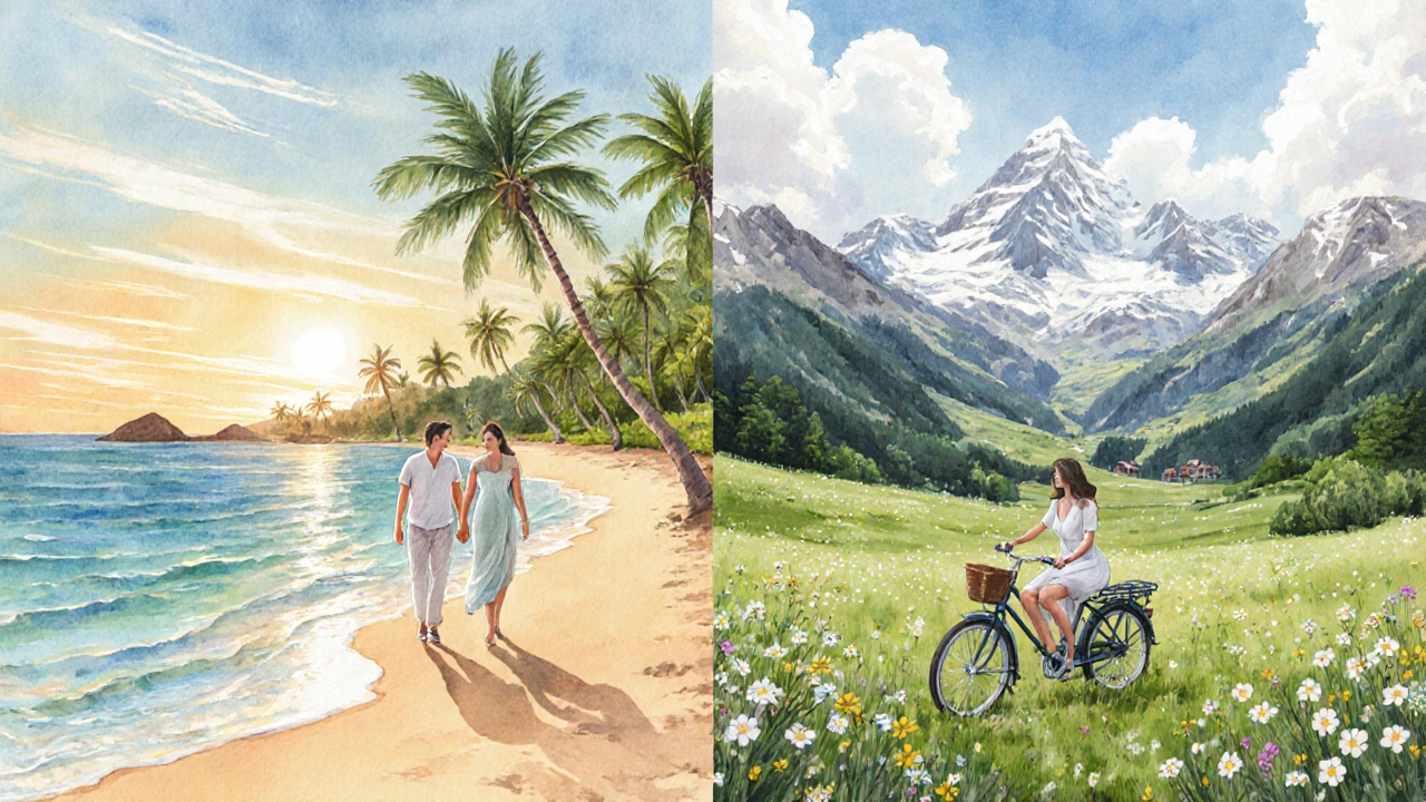 Dual watercolor of a Bali beach sunrise and Swiss alpine meadow in spring.