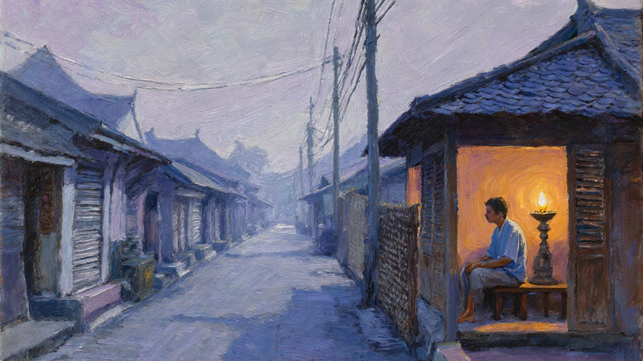 Empty Balinese streets during Nyepi with a lone traveler in a quiet villa.