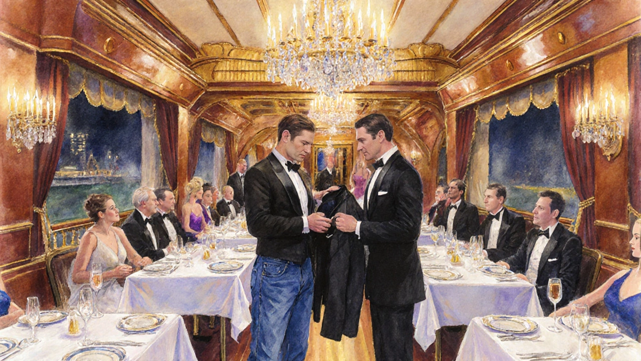 Evening dining car where staff offers a tuxedo jacket to a guest in jeans amid formal diners.