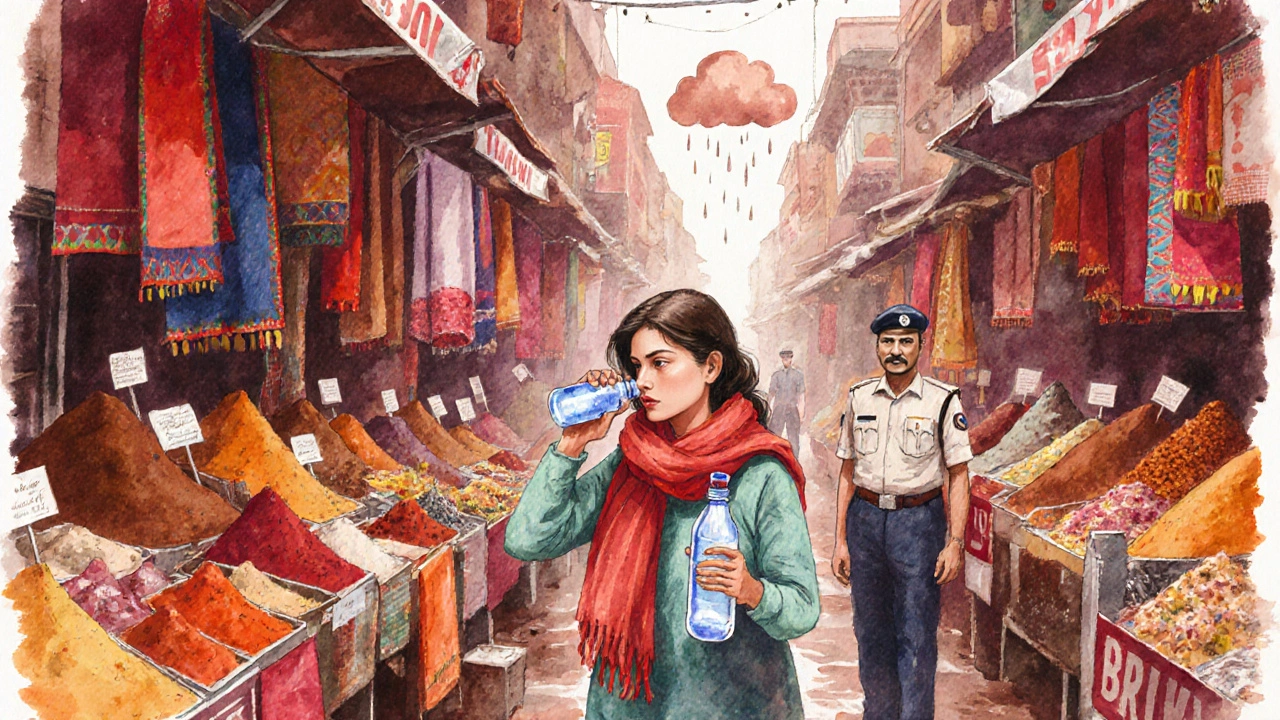 Female tourist in a Delhi market applies insect repellent while holding a water bottle.