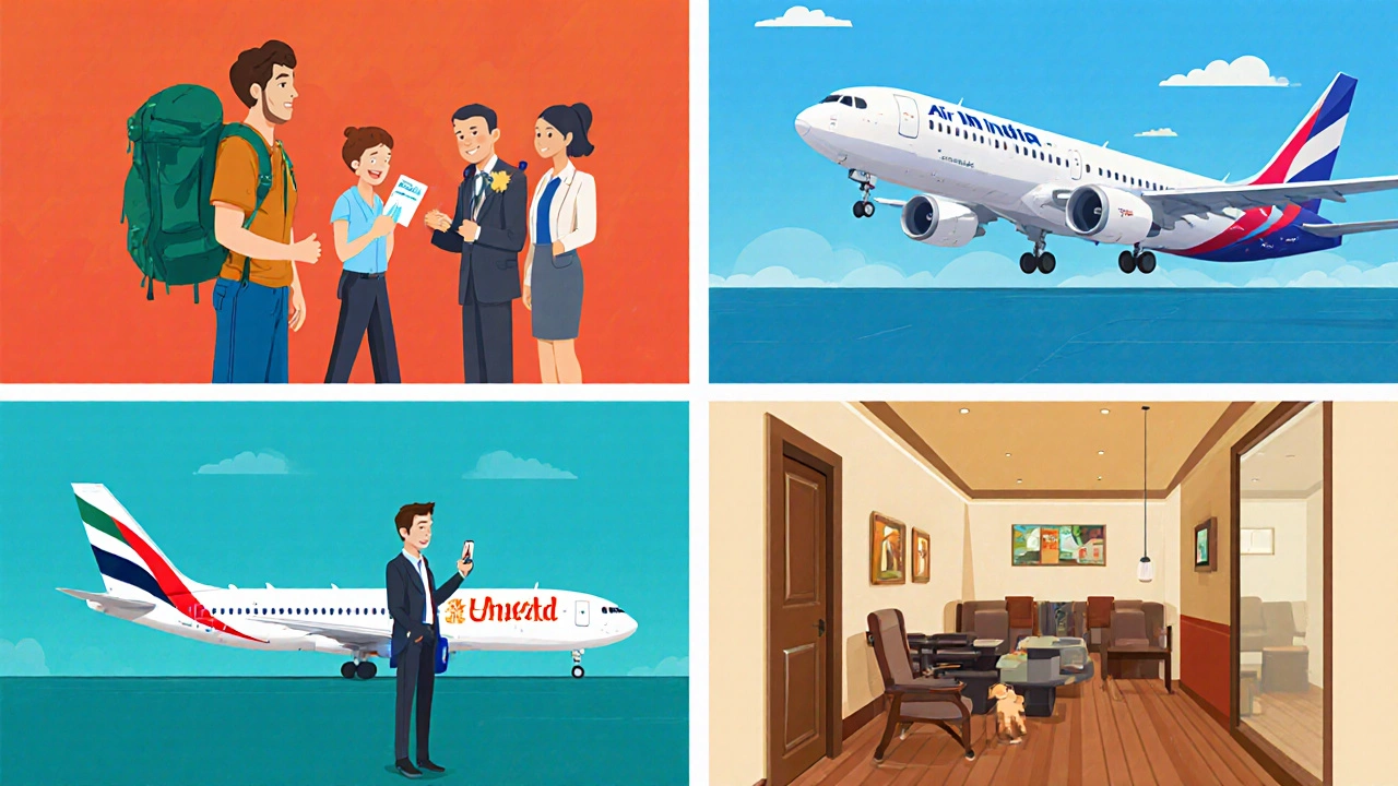 Four traveler types depicted with different airlines and settings.