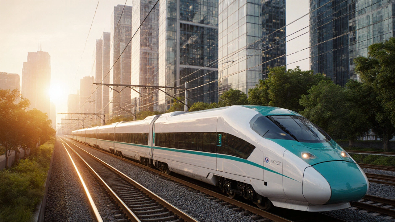 Futuristic high‑speed train speeding past a sunrise city skyline with green landscape alongside.