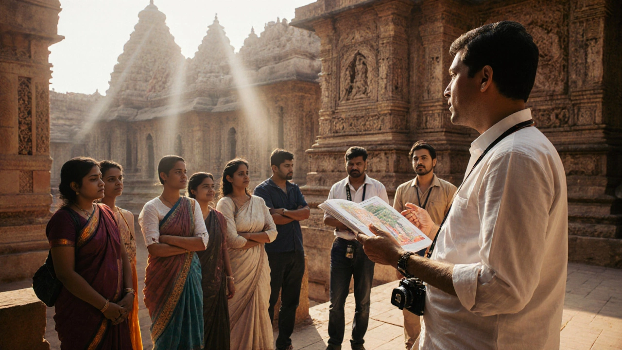 Guided group touring the carved temples of Khajuraho under bright daylight.