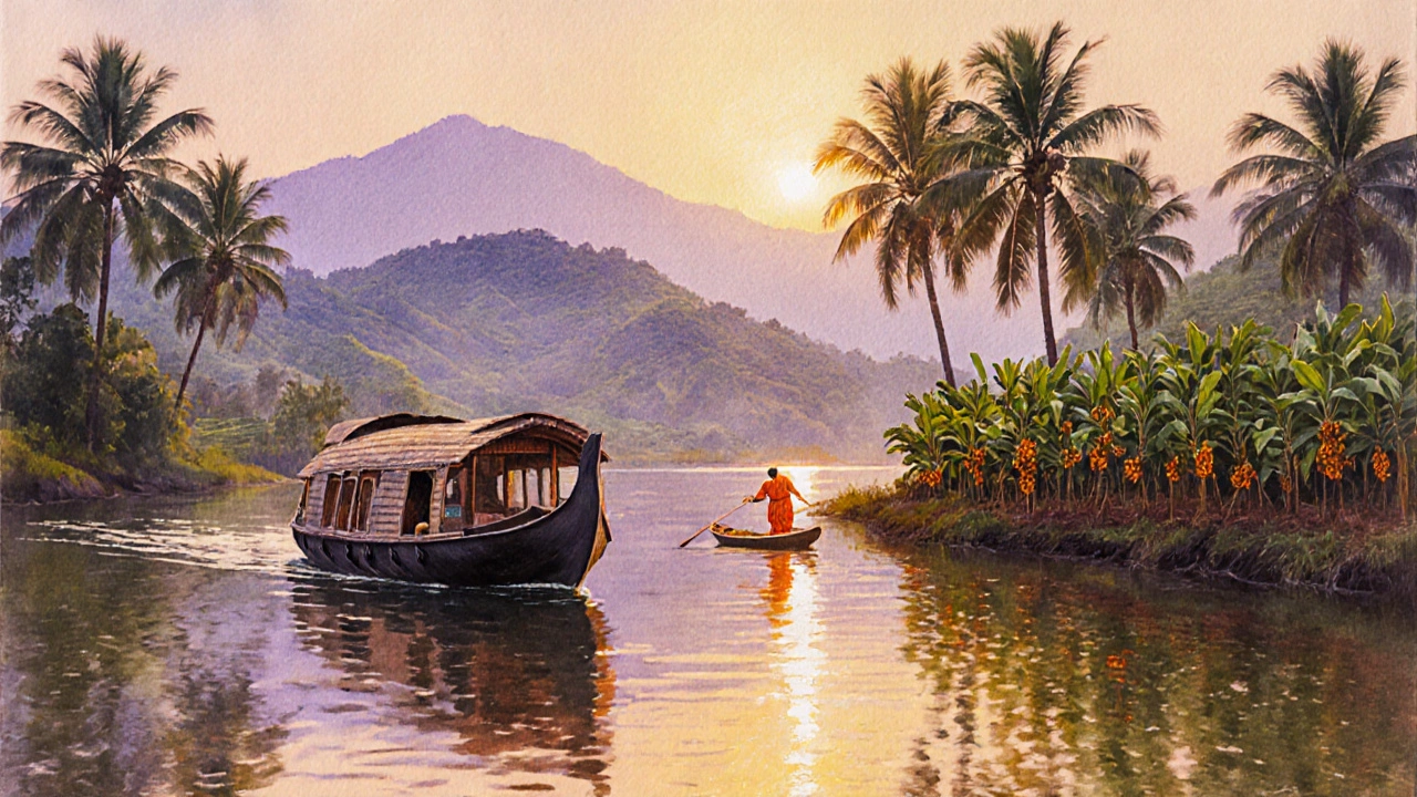 Houseboat cruising Kerala backwaters at sunrise with palms and spice farms.