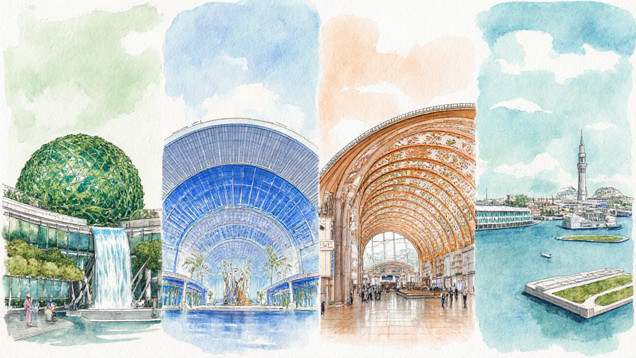 Illustration of four beautiful airports showing their signature features side by side.