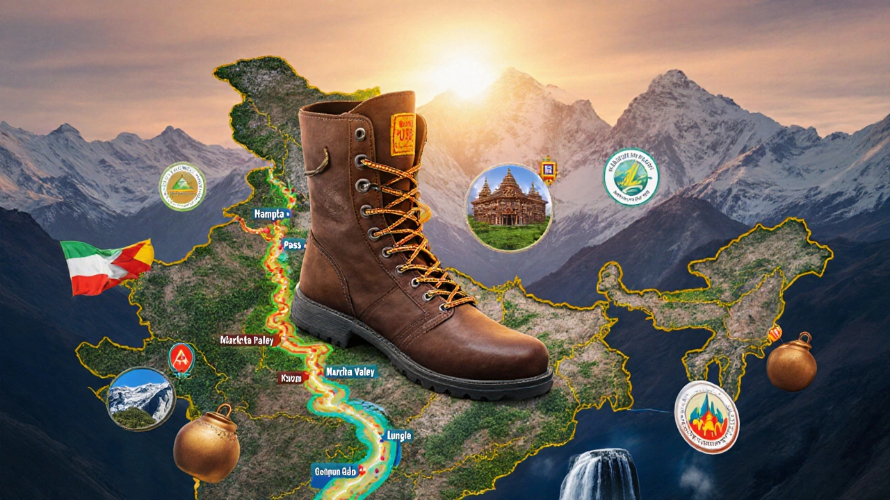 India shaped like a trekking boot with iconic trails and cultural symbols glowing around it.