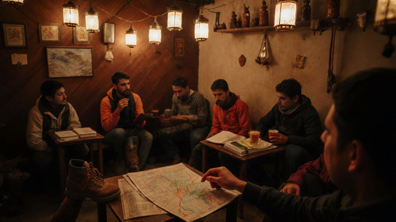 Inside a Manali hostel, hikers gather around a map under warm lantern light.