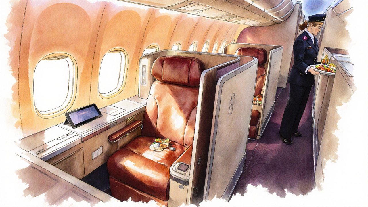 Luxurious Qatar Airways Qsuite with lie‑flat seat and meal service.
