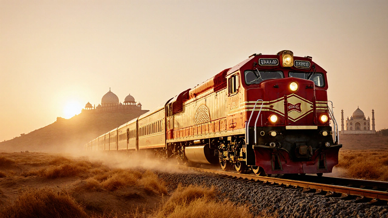 Maharaja Express train traveling across Indian landscape at sunrise with iconic monuments in distance.