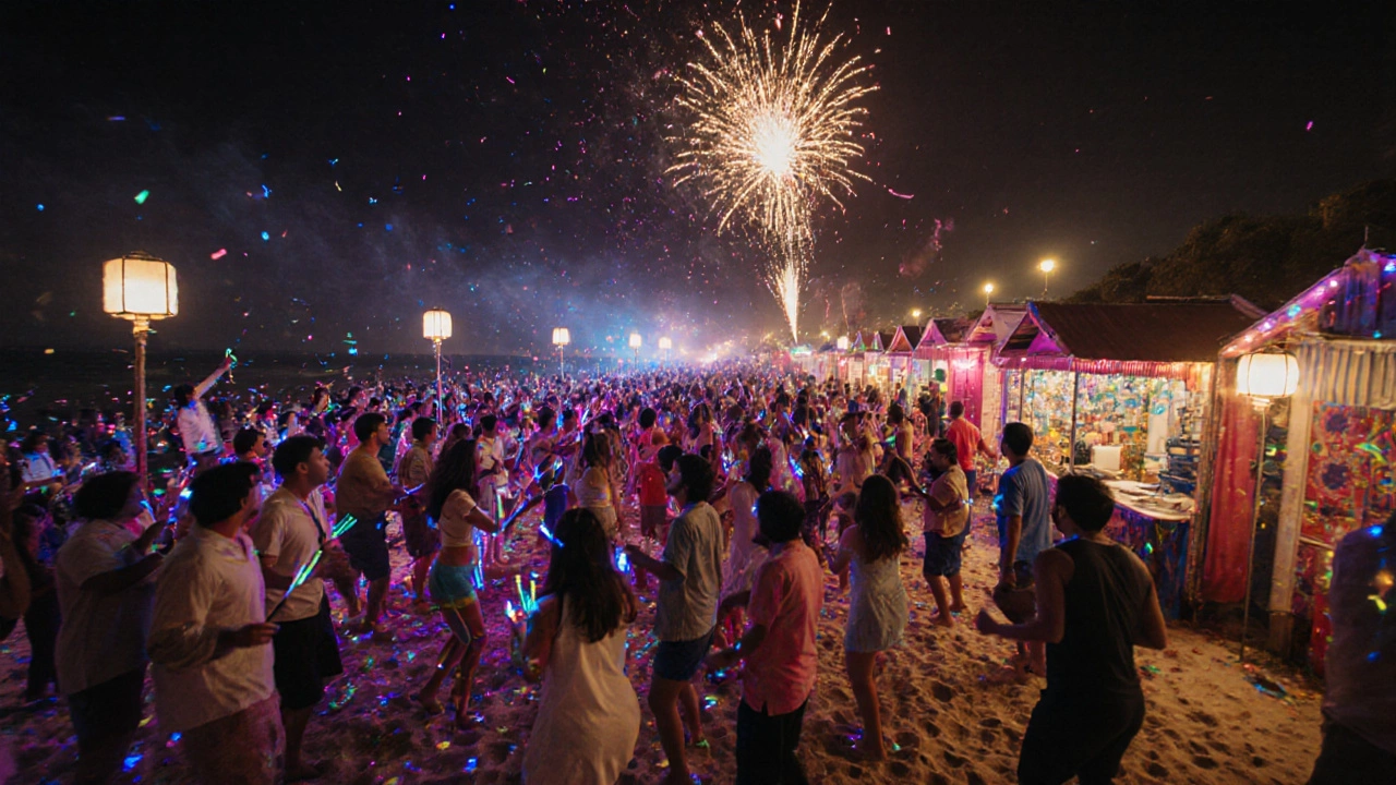 Night beach party with neon lights, dancing visitors, DJ booth and fireworks over Calangute.