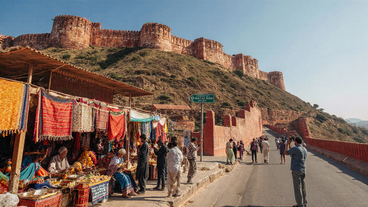 Rajasthan fort market with artisans, tourists, and upgraded infrastructure.