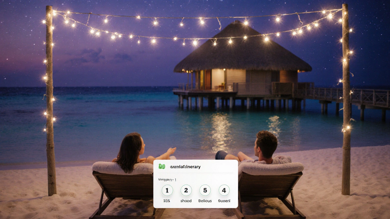 Romantic Maldives beach at twilight with couple on loungers and a distant overwater bungalow.
