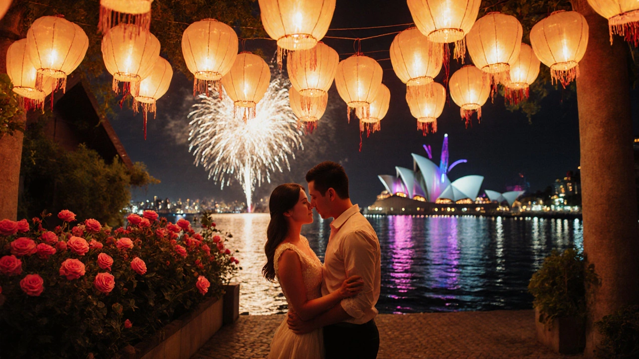 Romantic night festival with lanterns, fireworks, roses, and Maldives villa.