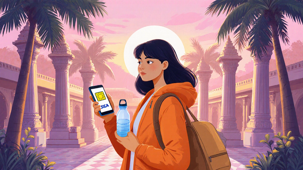 Solo traveler with a phone and local SIM stands before a sunrise temple courtyard in Kerala.