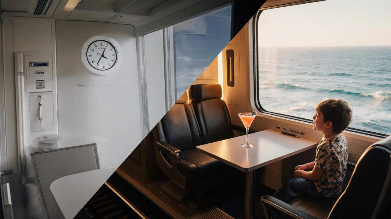 Split image contrasting corporate Acela with relaxed Brightline train experiences.