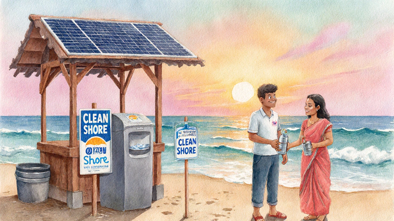 Sunrise scene of a solar trash compactor and volunteer offering a reusable bottle on Calangute beach.