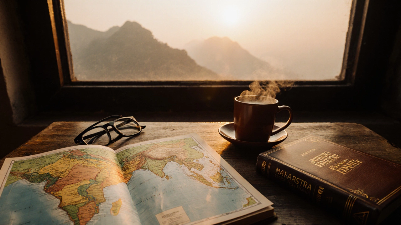 Top‑down photo of a travel table with a map, guidebook, chai cup, and sunset view of the Western Ghats.