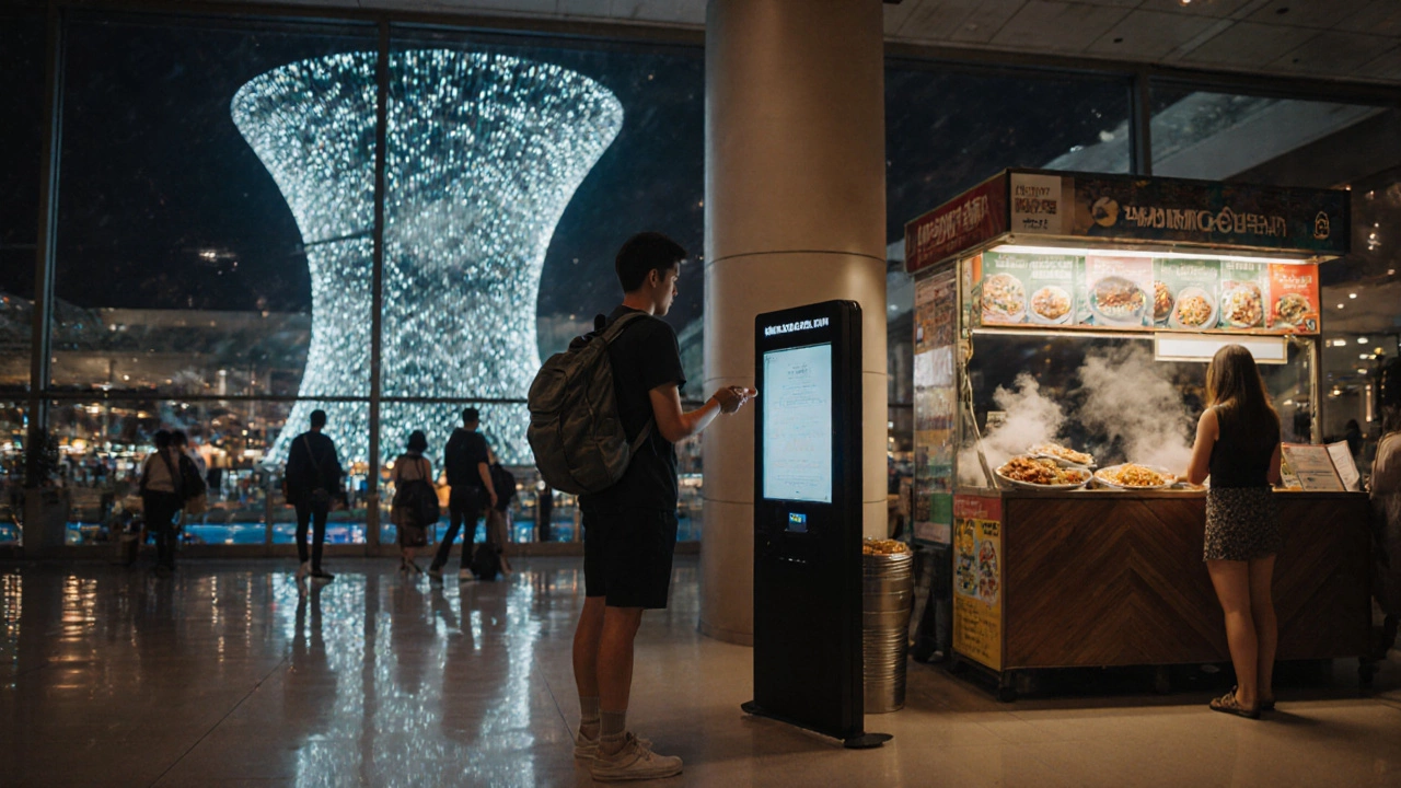 Traveler at Changi terminal checking a city tour shuttle, with the glowing Rain Vortex behind.