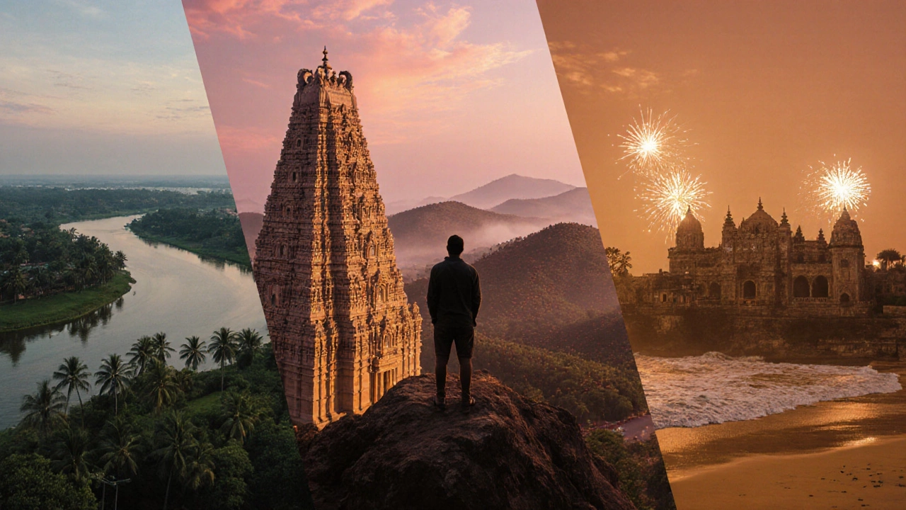 Traveler on a cliff viewing blended scenes of five South Indian states.