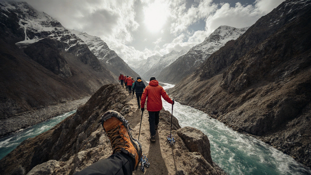 Trekkers cross Hampta Pass ridge in May, with snow, cliffs and a turquoise river below.