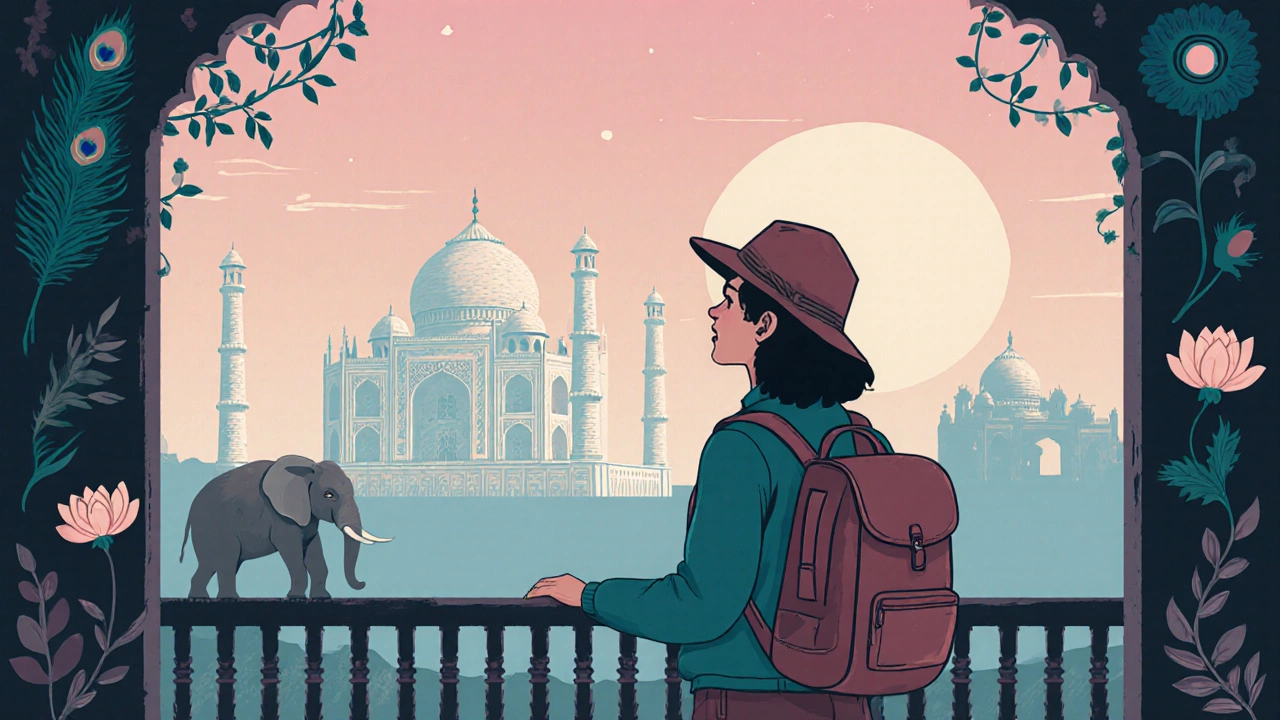 Vintage-style poster of a smiling traveler admiring Indian landmarks, symbolizing affordable travel.