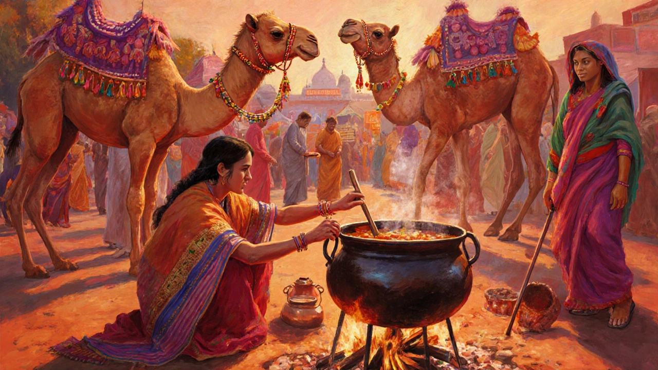 Visitor brushing a camel and cooking at the Pushkar Camel Fair festival.