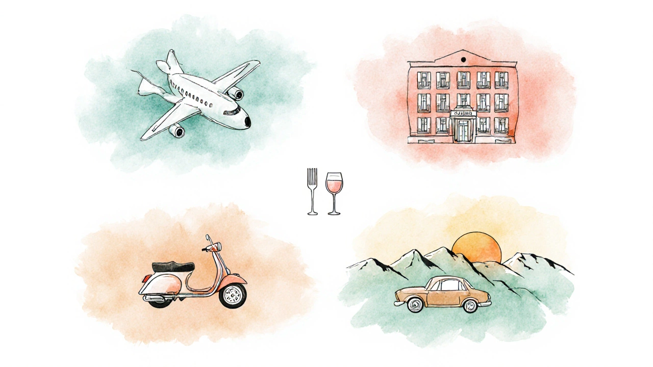 Watercolor collage of airfare, lodging, food, transport, and activity symbols in pastel tones.