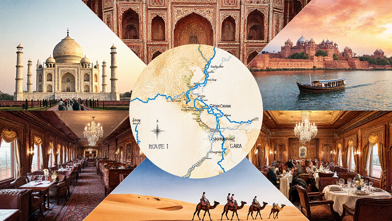 Watercolor collage of Taj Mahal sunrise, Amber Fort, Lake Pichola boat, camel caravan, and train lounge interior.