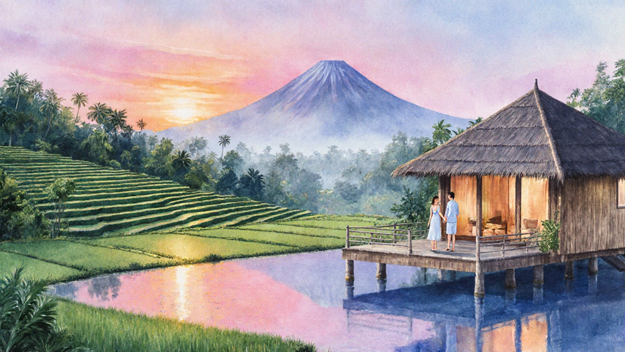 Watercolor of Bali rice terraces, lagoon villa, and sunset with a couple holding hands.