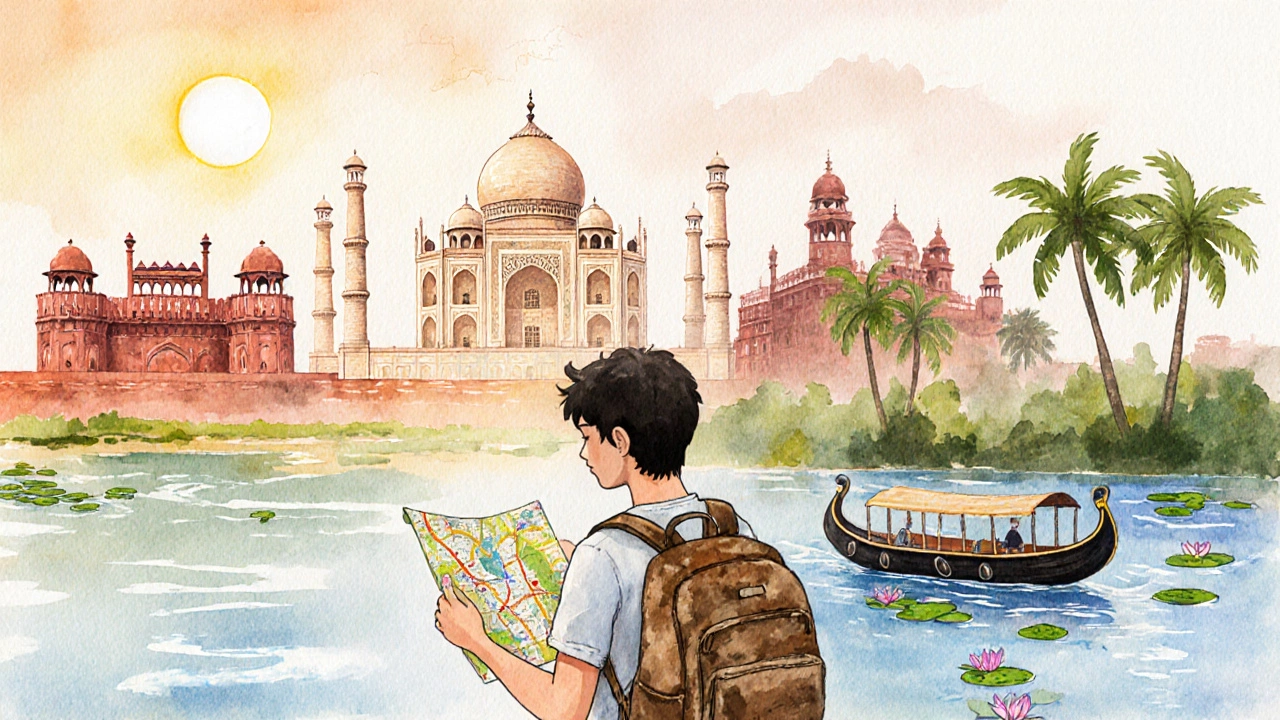 Watercolor scene of a backpacker traveling India's Golden Triangle and Kerala backwaters.