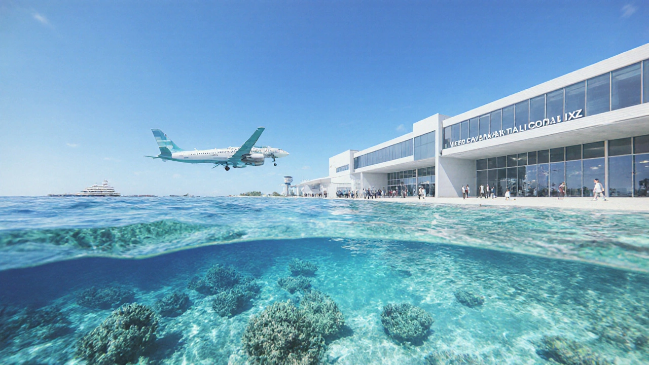 Airport in Port Blair with clear turquoise waters and coral reefs nearby
