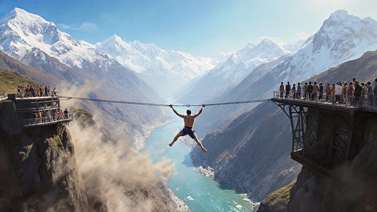 Bungee jumper falling from an 83-meter platform over a river gorge with mountains in the distance.