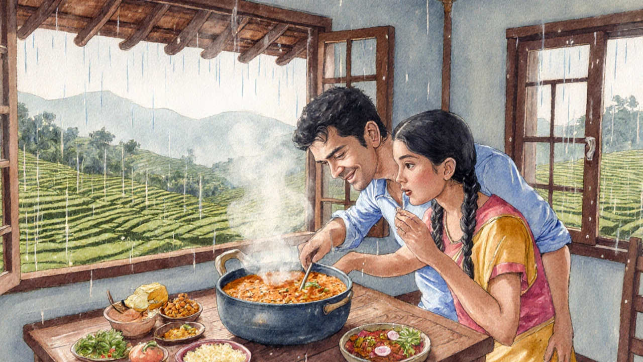 Couple cooking a local meal in a misty Kerala cottage, warm and intimate moment.