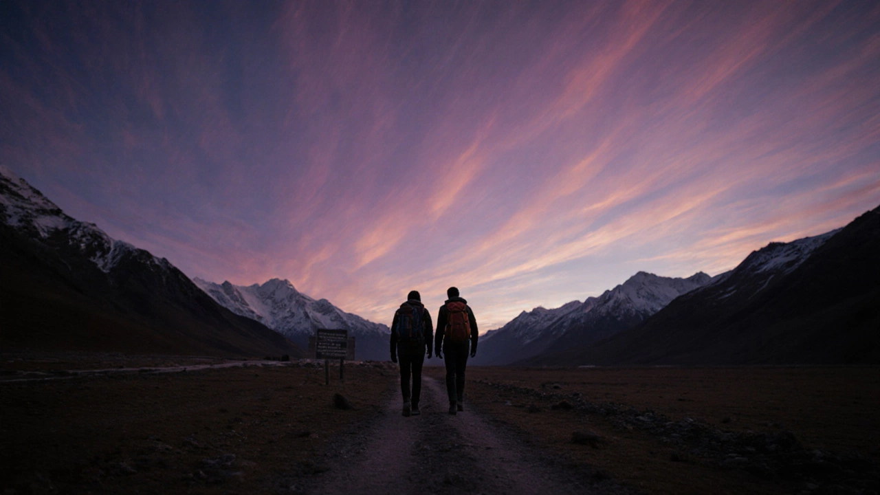 Couple walking silently through the remote Spiti Valley at twilight, mountains around them.