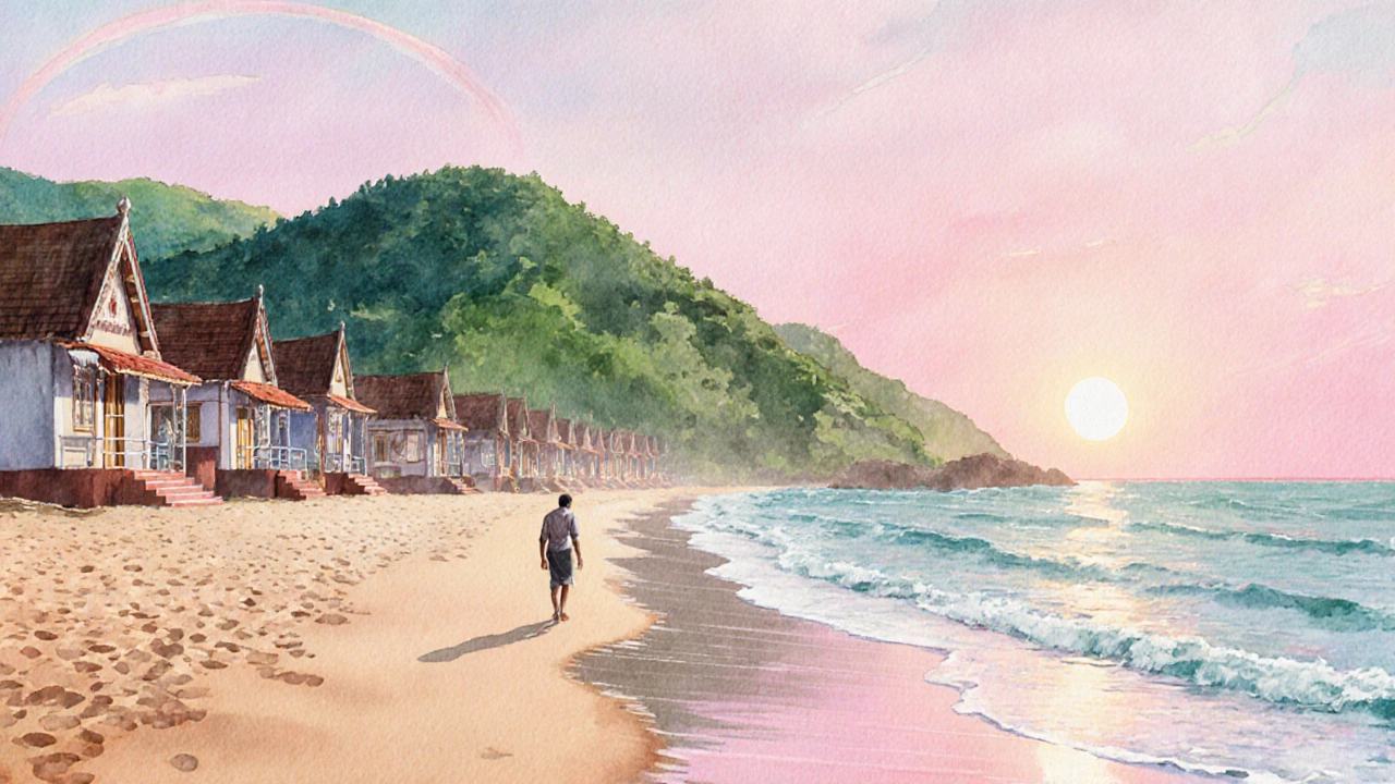 Dawn at Kovalam Beach with traditional cottages and calm waves