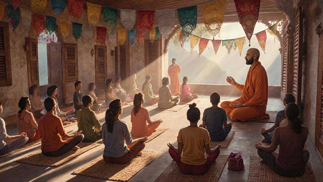 Diverse group meditates in an open-air yoga shala in Rishikesh, sunlight filtering through wooden shutters.