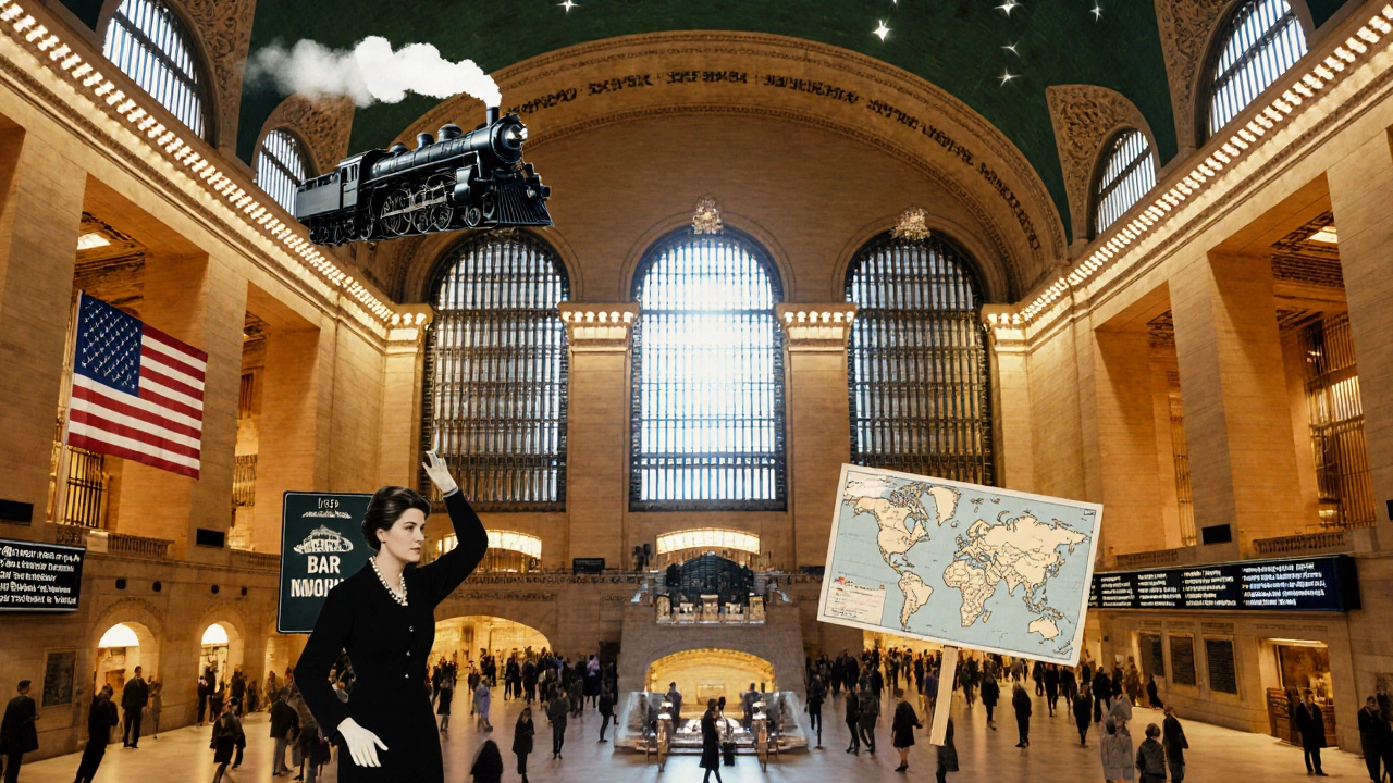 Grand Central Terminal as a historical monument with floating symbols of its past and preservation.