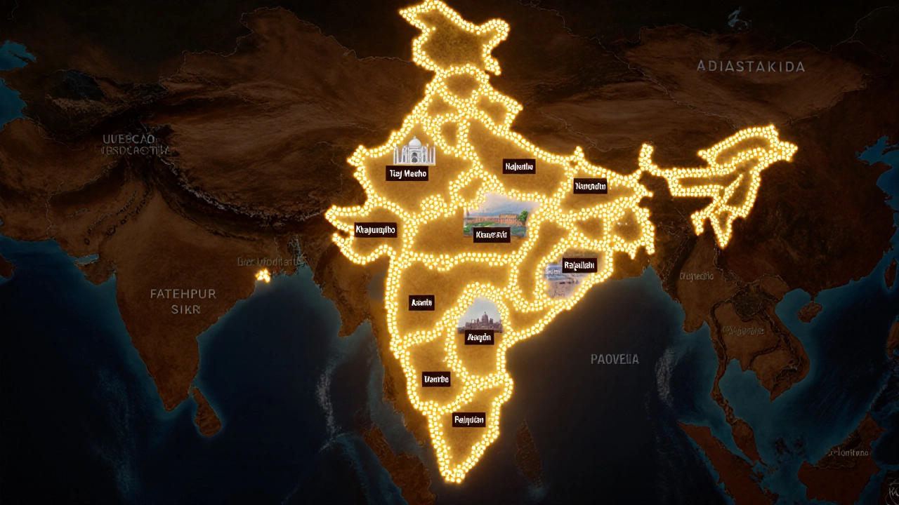 Map of India highlighting Uttar Pradesh with eight glowing UNESCO heritage sites.