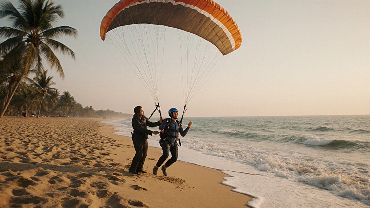 Skydiver landing on Goa beach with ocean and palm trees in background.